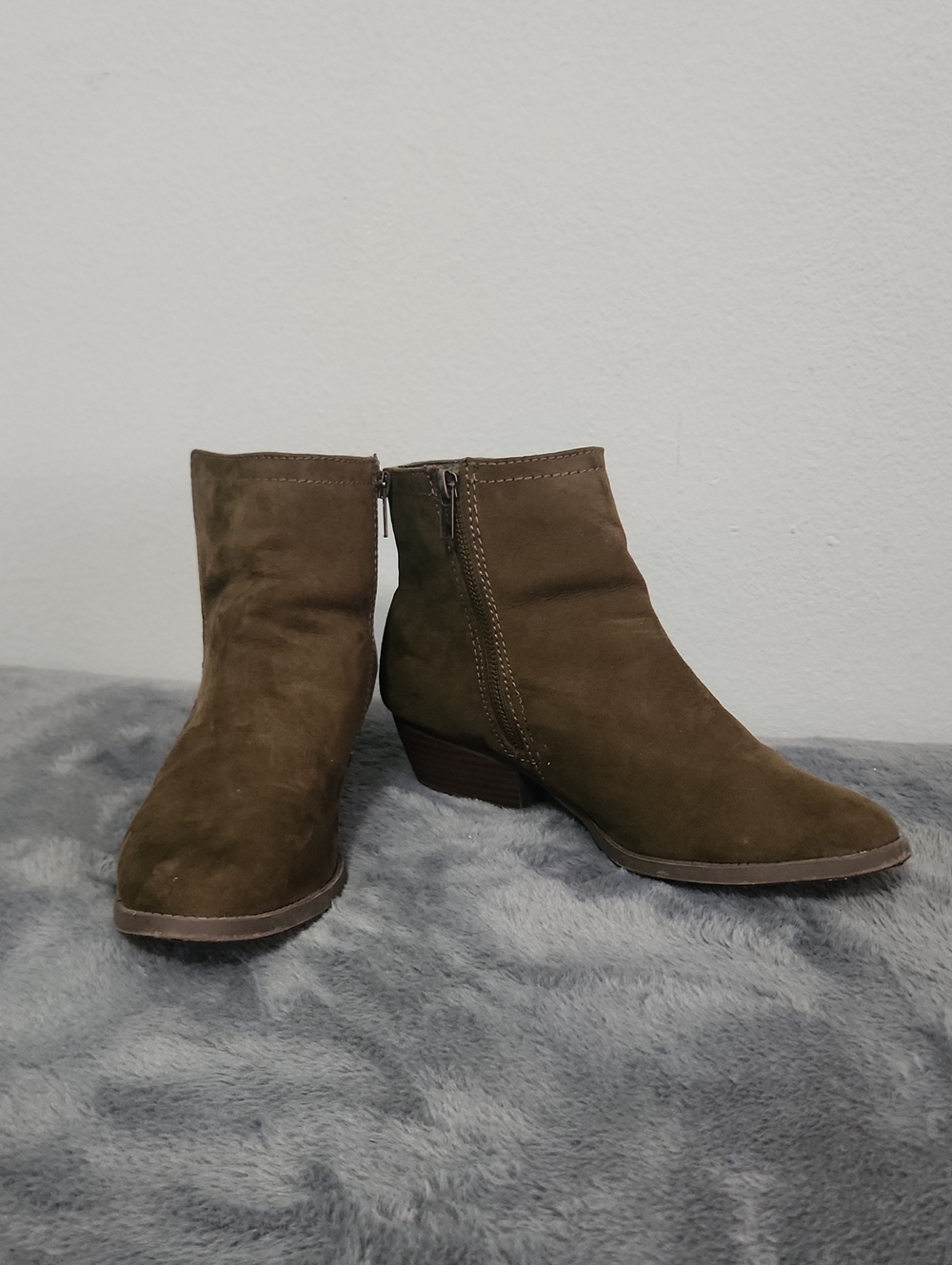 Women's Olive Suede Ankle Boots - Side Zip